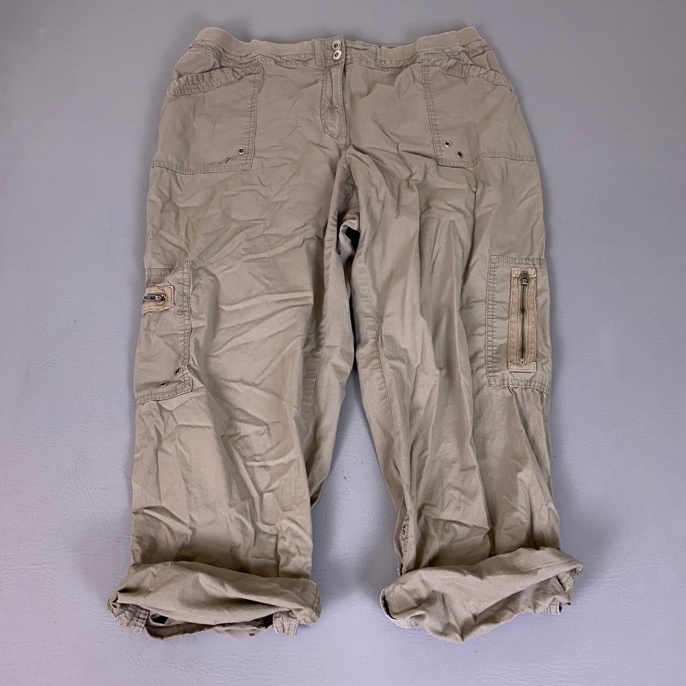Chicos‎ Cargo Pants Cropped Women Size 3 Khaki Tan Ribbed Waist Utility Stretch